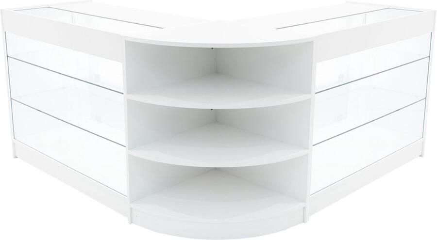 MonsterShop Wit Winkel Toonbank Set Apollo LED Verlichting K1200 LM60 Afsluitbaar Schuifdeuren Sleutels 3 Detailhandel Hoek Opbergkast Glas Vitrine Display Kast Binnen Planken Witte Lampen