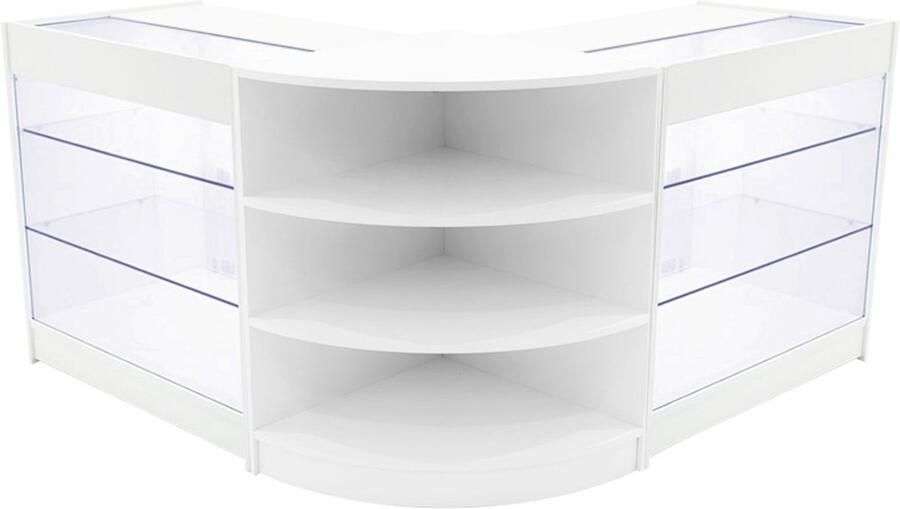 MonsterShop Wit Winkel Toonbank Set Apollo LED Verlichting K900 LM60 Afsluitbaar Schuifdeuren Sleutels 3 Detailhandel Hoek Opbergkast Glas Vitrine Display Kast Binnen Planken Witte Lampen