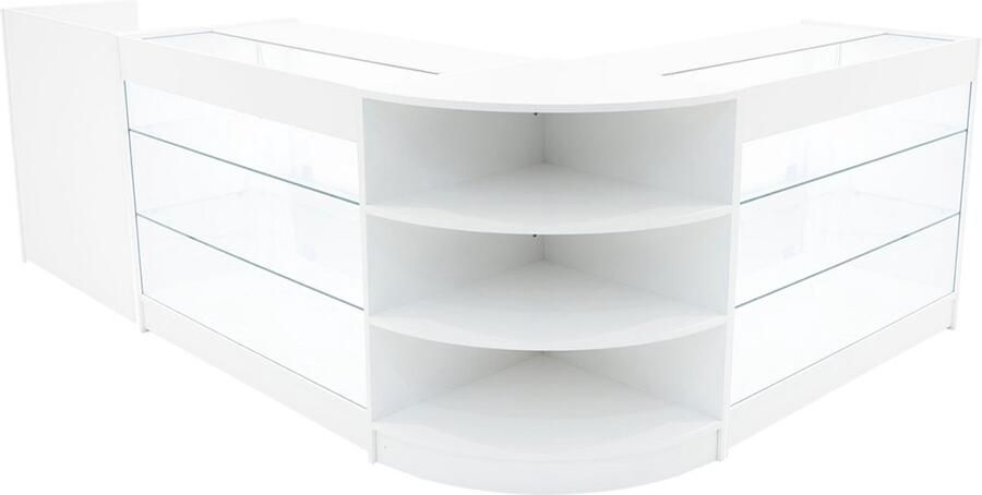 MonsterShop Wit Winkel Toonbank Set Astro LED Verlichting K1200 LM60 TB60 Afsluitbaar Schuifdeuren Sleutels 3 Detailhandel Opbergkast Kassabalie Glas Hoek Vitrine Display Kast Planken Lampen