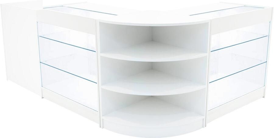 MonsterShop Wit Winkel Toonbank Set Astro LED Verlichting K900 LM60 TB60 Afsluitbaar Schuifdeuren Sleutels 3 Detailhandel Opbergkast Kassabalie Glas Hoek Vitrine Display Kast Planken Lampen