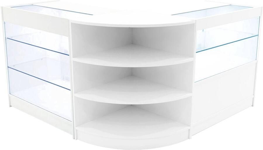 MonsterShop Wit Winkel Toonbank Set Calliope LED Verlichting K900 C900 LM60 Afsluitbaar Schuifdeuren Sleutels 3 Detailhandel Opbergkast Kassabalie Glas Hoek Vitrine Display Kast Binnen Planken Witte Lampen