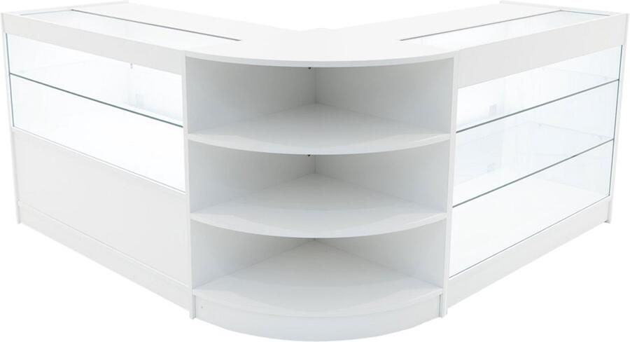 MonsterShop Wit Winkel Toonbank Set Calliope LED Verlichting K1200 C1200 LM60 Afsluitbaar Schuifdeuren Sleutels 3 Detailhandel Opbergkast Kassabalie Glas Hoek Vitrine Display Kast Binnen Planken Witte Lampen
