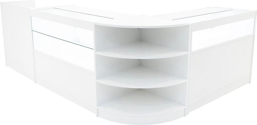 Monster Shop NL Wit Winkel Toonbank Set Europa LED Verlichting B1200 C1200 LM60 TB60 Afsluitbaar Schuifdeuren Sleutels 3 Detailhandel Opbergkast Kassabalie Glas Vitrine Kast Hoek Planken Witte Lampen