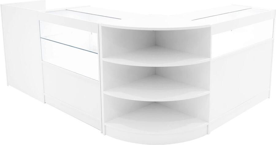 Monster Shop NL Wit Winkel Toonbank Set Europa LED Verlichting B900 C900 LM60 TB60 Afsluitbaar Schuifdeuren Sleutels 3 Detailhandel Opbergkast Kassabalie Glas Vitrine Kast Hoek Planken Witte Lampen
