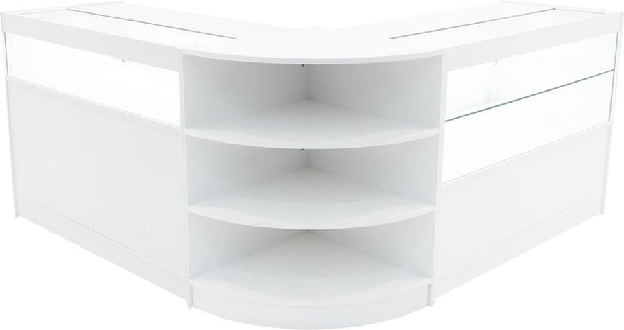 Monster Shop NL Wit Winkel Toonbank Set Harmonia LED Verlichting B1200 C1200 LM60 Afsluitbaar Schuifdeuren Sleutels 3 Detailhandel Opbergkast Glas Vitrinekast Hoek Binnen Planken Witte Lampen