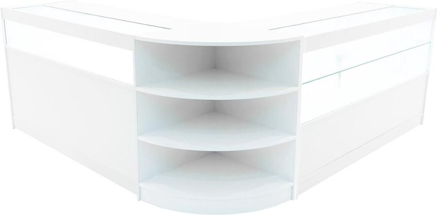Monster Shop NL Wit Winkel Toonbank Set Harmonia LED Verlichting B1500 C1500 LM60 Afsluitbaar Schuifdeuren Sleutels 3 Detailhandel Opbergkast Glas Vitrinekast Hoek Binnen Planken Witte Lampen
