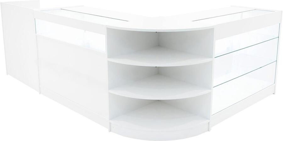 MonsterShop Wit Winkel Toonbank Set Hyperion LED Verlichting K1200 B1200 LM60 TB60 Afsluitbaar Schuifdeuren Sleutels 3 Detailhandel Opbergkast Kassabalie Glas Vitrinekast Hoek Planken Witte Lampen