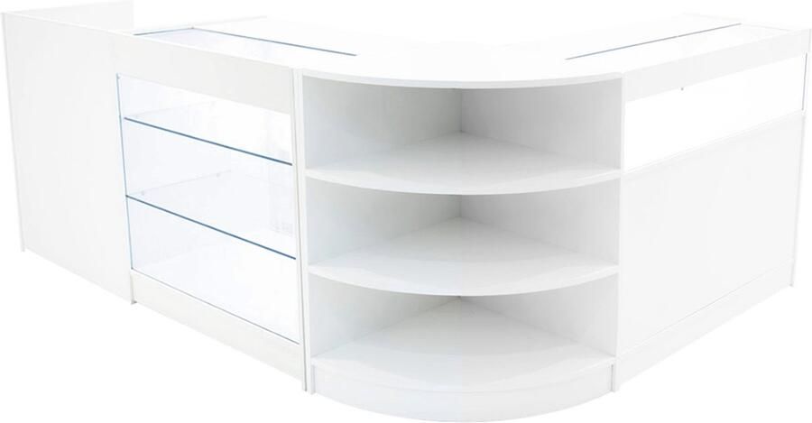 MonsterShop Wit Winkel Toonbank Set Hyperion LED Verlichting K1200 B1200 LM60 TB60 Afsluitbaar Schuifdeuren Sleutels 3 Detailhandel Opbergkast Kassabalie Glas Vitrinekast Hoek Planken Witte Lampen