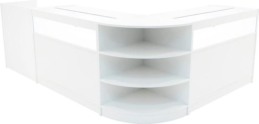 Monster Shop NL Wit Winkel Toonbank Set Sagittarius LED Verlichting B1200 LM60 TB60 Afsluitbaar Schuifdeuren Sleutels Detailhandel Opbergkast Kassabalie Glas Vitrinekast Hoek Planken Schappen