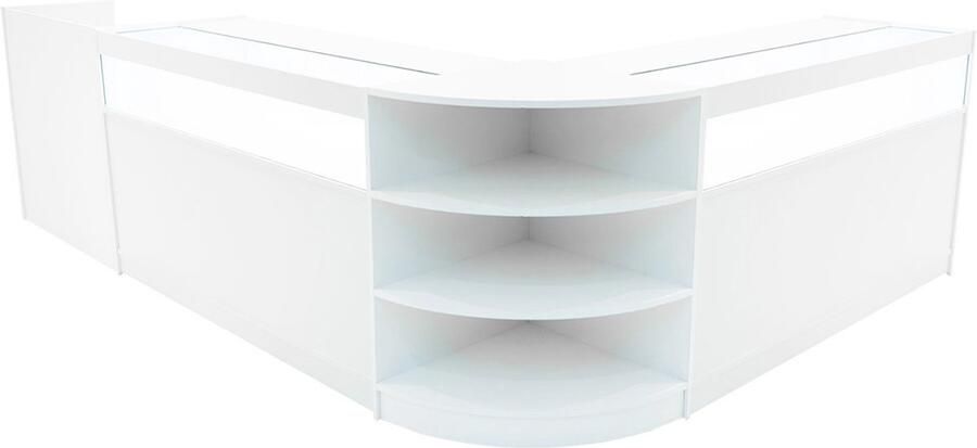 Monster Shop NL Wit Winkel Toonbank Set Sagittarius LED Verlichting B1500 LM60 TB60 Afsluitbaar Schuifdeuren Sleutels Detailhandel Opbergkast Kassabalie Glas Vitrinekast Hoek Planken Schappen