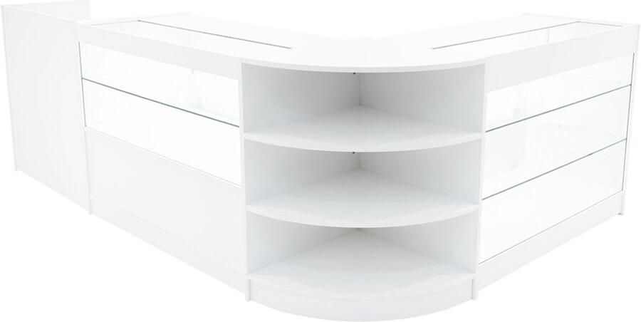 Monster Shop NL Wit Winkel Toonbank Set Theia LED Verlichting K1200 C1200 LM60 TB60 Afsluitbaar Schuifdeuren Sleutels Detailhandel Opbergkast Kassabalie Glas Vitrinekast Hoek Binnen Planken Schappen Witte Lampen