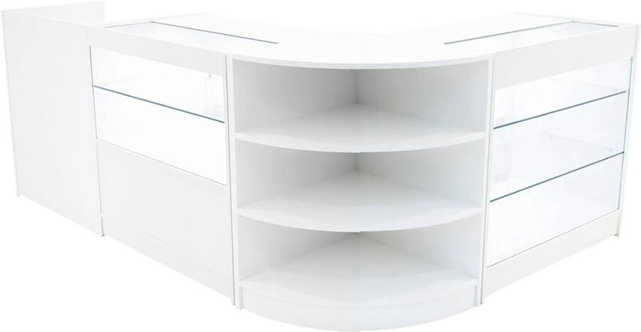 Monster Shop NL Wit Winkel Toonbank Set Theia LED Verlichting K900 C900 LM60 TB60 Afsluitbaar Schuifdeuren Sleutels Detailhandel Opbergkast Kassabalie Glas Vitrinekast Hoek Binnen Planken Schappen Witte Lampen