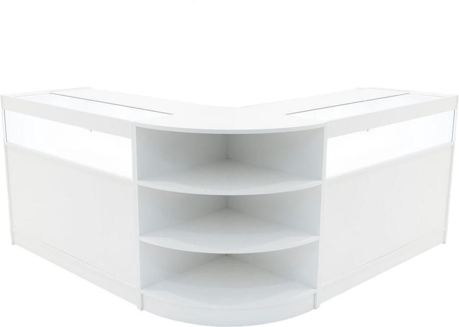 MonsterShop Wit Winkel Toonbank Set Theseus LED Verlichting B1200 LM60 Afsluitbaar Schuifdeuren Sleutels 3 Detailhandel Opbergkast Balie Glas Vitrinekast Hoek Binnen Planken Schappen Witte Lampen