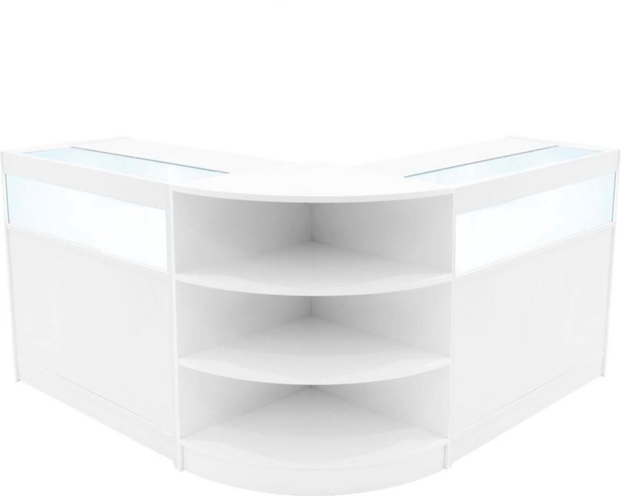 MonsterShop Wit Winkel Toonbank Set Theseus LED Verlichting B900 LM60 Afsluitbaar Schuifdeuren Sleutels 3 Detailhandel Opbergkast Balie Glas Vitrinekast Hoek Binnen Planken Schappen Witte Lampen