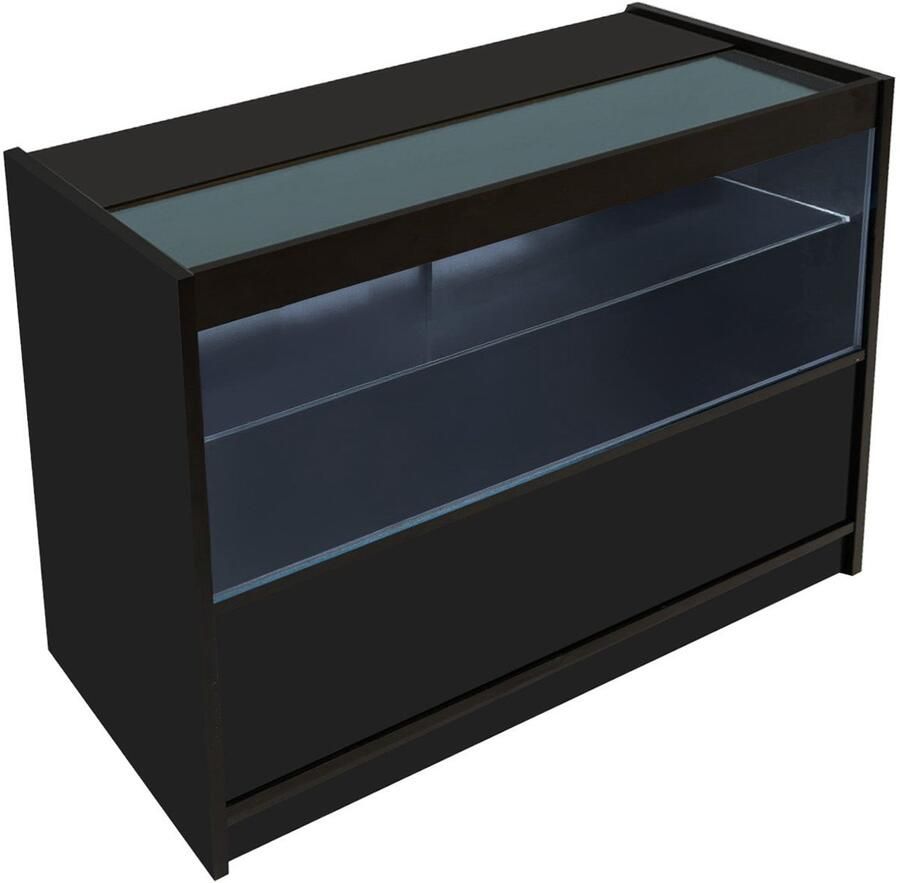MonsterShop Zwart Winkel Toonbank LED Verlichting C1200 Afsluitbaar Schuifdeuren 2 Sleutels Detailhandel Opbergkast Glas Vitrine Display Kast Receptie Bureau 3 Planken 2 Open 1 Gesloten Schappen Witte Lampen