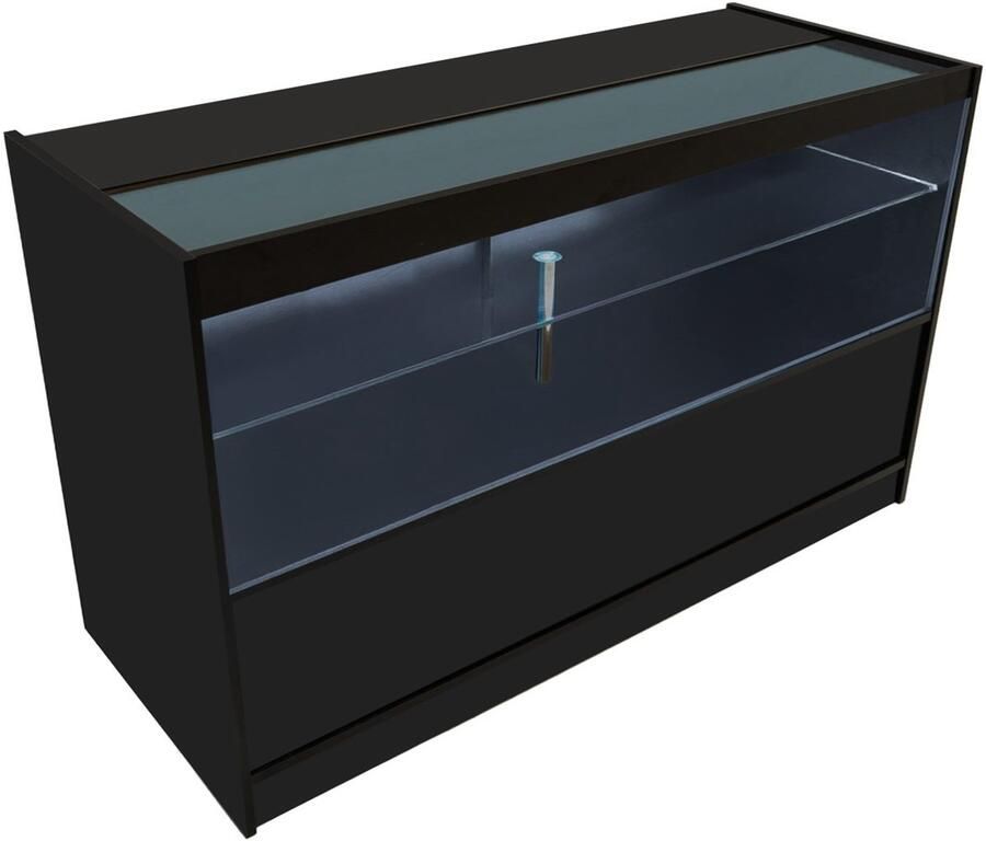 MonsterShop Zwart Winkel Toonbank LED Verlichting C1500 Afsluitbaar Schuifdeuren 2 Sleutels Detailhandel Opbergkast Glas Vitrine Display Kast Receptie Bureau 3 Planken 2 Open Schappen 1 Gesloten Schap Lampen