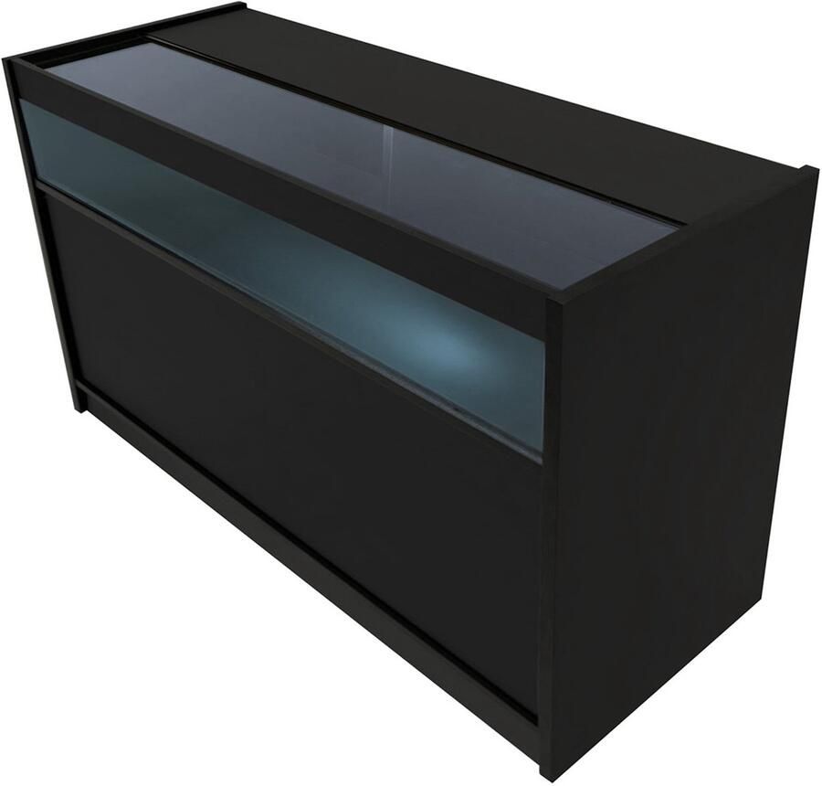 MonsterShop Zwart Winkel Toonbank LED Verlichting B1500 Afsluitbaar Schuifdeuren 2 Sleutels Detailhandel Opbergkast Glas Vitrine Display Kast Receptie Bureau 3 Planken 1 Open Schap 2 Gesloten Schappen Witte Lampen