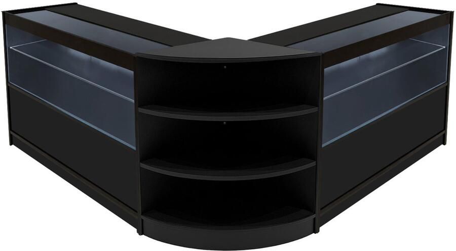 MonsterShop Zwart Winkel Toonbank Set Andromeda LED Verlichting C1200 LM60 Afsluitbaar Schuifdeuren Sleutels 3 Detailhandel Hoek Opbergkast Glas Vitrine Display Kast Binnenplanken Witte Lampen