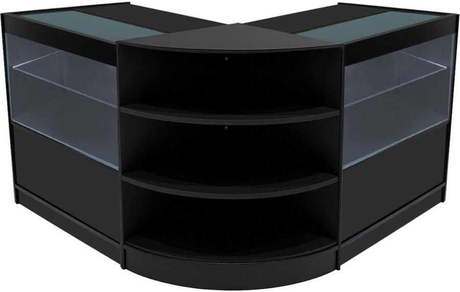 MonsterShop Zwart Winkel Toonbank Set Andromeda LED Verlichting C900 LM60 Afsluitbaar Schuifdeuren Sleutels 3 Detailhandel Opbergkast Glas Vitrine Display Kast Hoek Balie Binnenplanken Witte Lampen