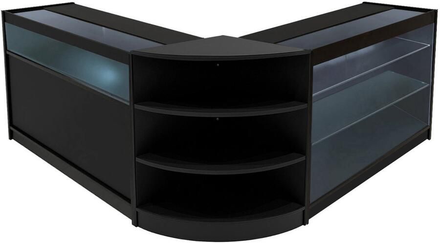 MonsterShop Zwart Winkel Toonbank Set Calliope LED Verlichting K1200 C1200 LM60 Afsluitbaar Schuifdeuren Sleutels 3 Detailhandel Opbergkast Kassabalie Glas Hoek Vitrine Display Kast Binnen Planken Witte Lampen