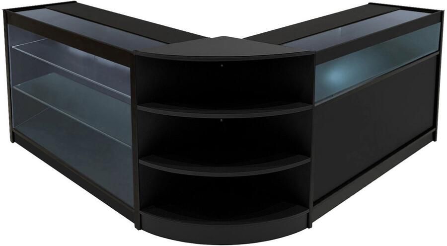 MonsterShop Zwart Winkel Toonbank Set Demeter LED Verlichting K1200 B1200 LM60 Afsluitbaar Schuifdeuren Sleutels 3 Detailhandel Opbergkast Glas Hoek Vitrine Display Kast Binnen Planken Witte Lampen
