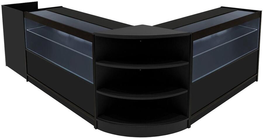 MonsterShop Zwart Winkel Toonbank Set Eclipse LED Verlichting C1200 LM60 TB60 Afsluitbaar Schuifdeuren Sleutels 3 Detailhandel Opbergkast Kassabalie Glas Vitrine Kast Hoek Planken Witte Lampen
