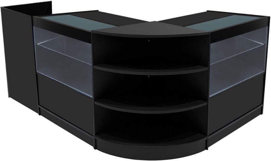 MonsterShop Zwart Winkel Toonbank Set Eclipse LED Verlichting C900 LM60 TB60 Afsluitbaar Schuifdeuren Sleutels 3 Detailhandel Opbergkast Kassabalie Glas Vitrine Kast Hoek Planken Witte Lampen