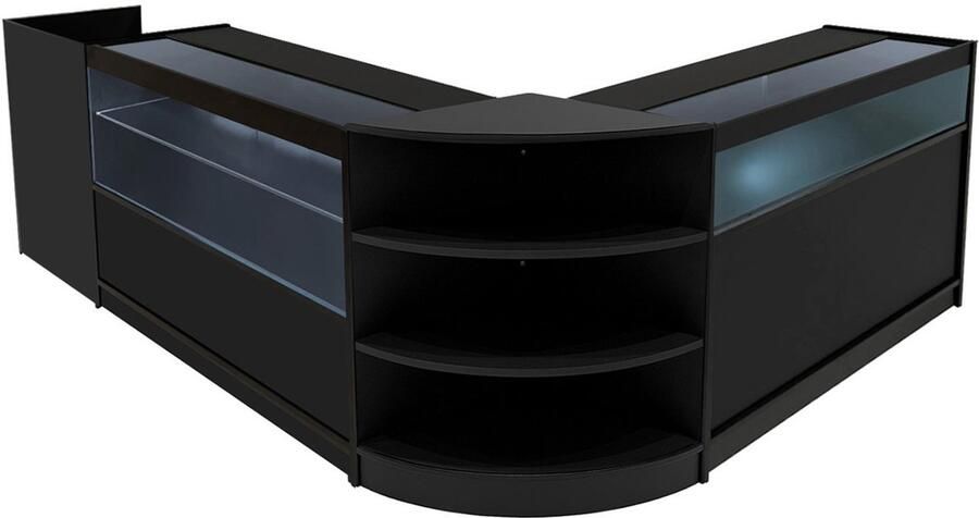 Monster Shop NL Zwart Winkel Toonbank Set Europa LED Verlichting B1200 C1200 LM60 TB60 Afsluitbaar Schuifdeuren Sleutels 3 Detailhandel Opbergkast Kassabalie Glas Vitrine Kast Hoek Planken Witte Lampen
