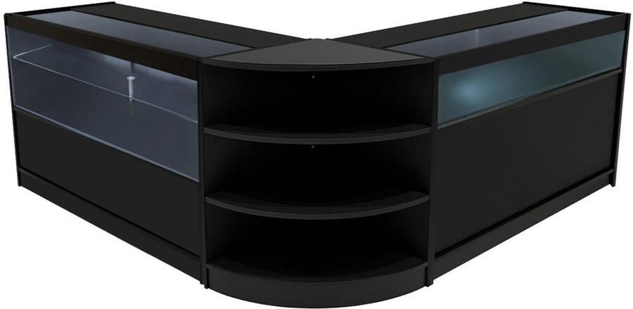 MonsterShop Zwart Winkel Toonbank Set Harmonia LED Verlichting B1500 C1500 LM60 Afsluitbaar Schuifdeuren Sleutels 3 Detailhandel Opbergkast Glas Vitrinekast Hoek Binnen Planken Witte Lampen