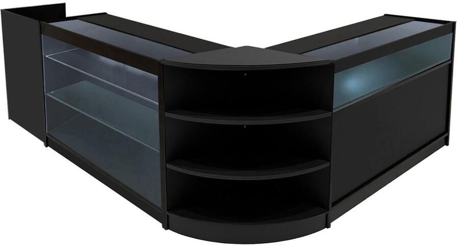 MonsterShop Zwart Winkel Toonbank Set Hyperion LED Verlichting K1200 B1200 LM60 TB60 Afsluitbaar Schuifdeuren Sleutels 3 Detailhandel Opbergkast Kassabalie Glas Vitrinekast Hoek Planken Witte Lampen