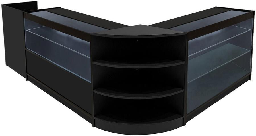Monster Shop NL Zwart Winkel Toonbank Set Theia LED Verlichting K1200 C1200 LM60 TB60 Afsluitbaar Schuifdeuren Sleutels Detailhandel Opbergkast Kassabalie Glas Vitrinekast Hoek Binnen Planken Schappen Witte Lampen