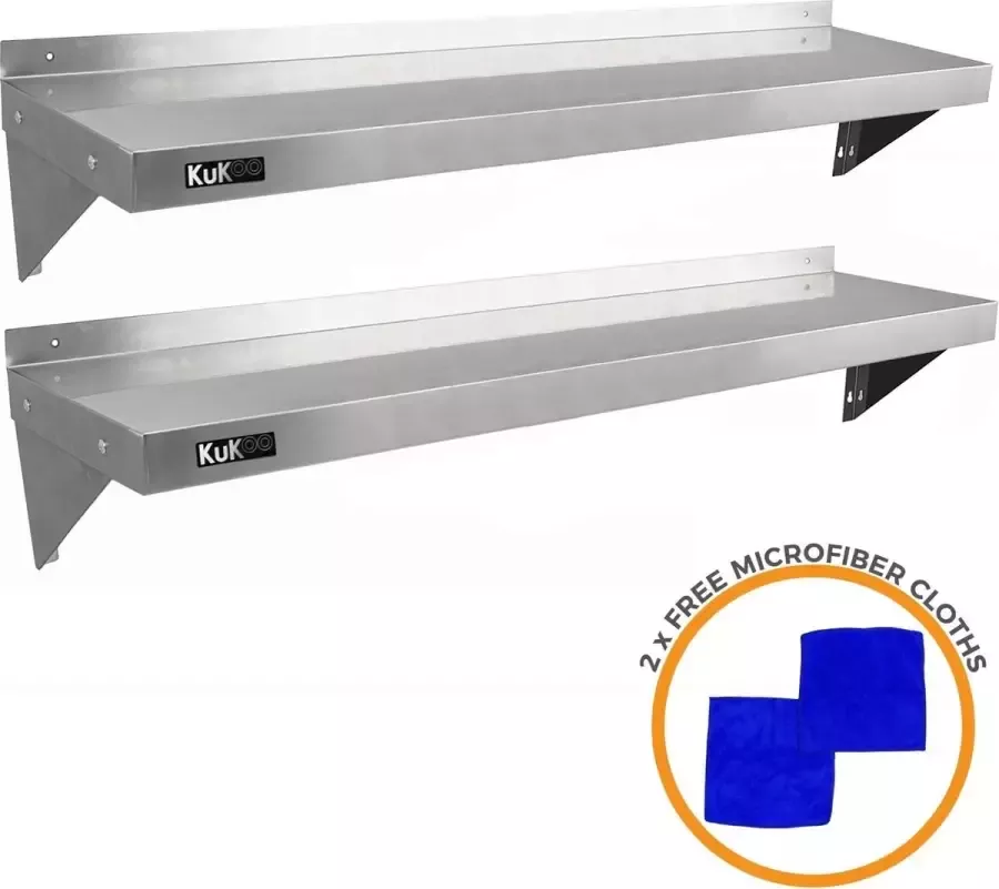 MonsterShop Professionele RVS Wandschappen met Console 140 x 30 cm Inclusief 2 beugels + bevestigingsschroeven + beugelbouten + Microvezeldoeken Horeca