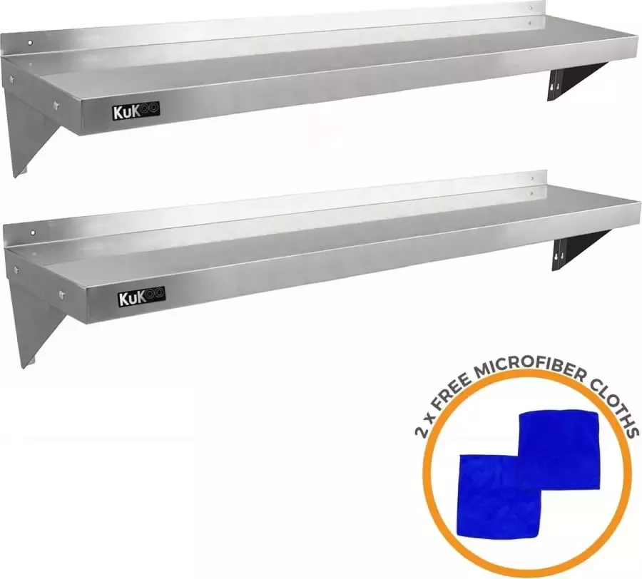 MonsterShop Professionele RVS Wandschappen met Console 150 x 30 cm Inclusief 2 beugels + bevestigingsschroeven + beugelbouten + Microvezeldoeken Horeca