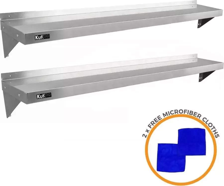 MonsterShop Professionele RVS Wandschappen met Console 194 x 30 cm Inclusief 2 beugels + bevestigingsschroeven + beugelbouten + Microvezeldoeken Horeca