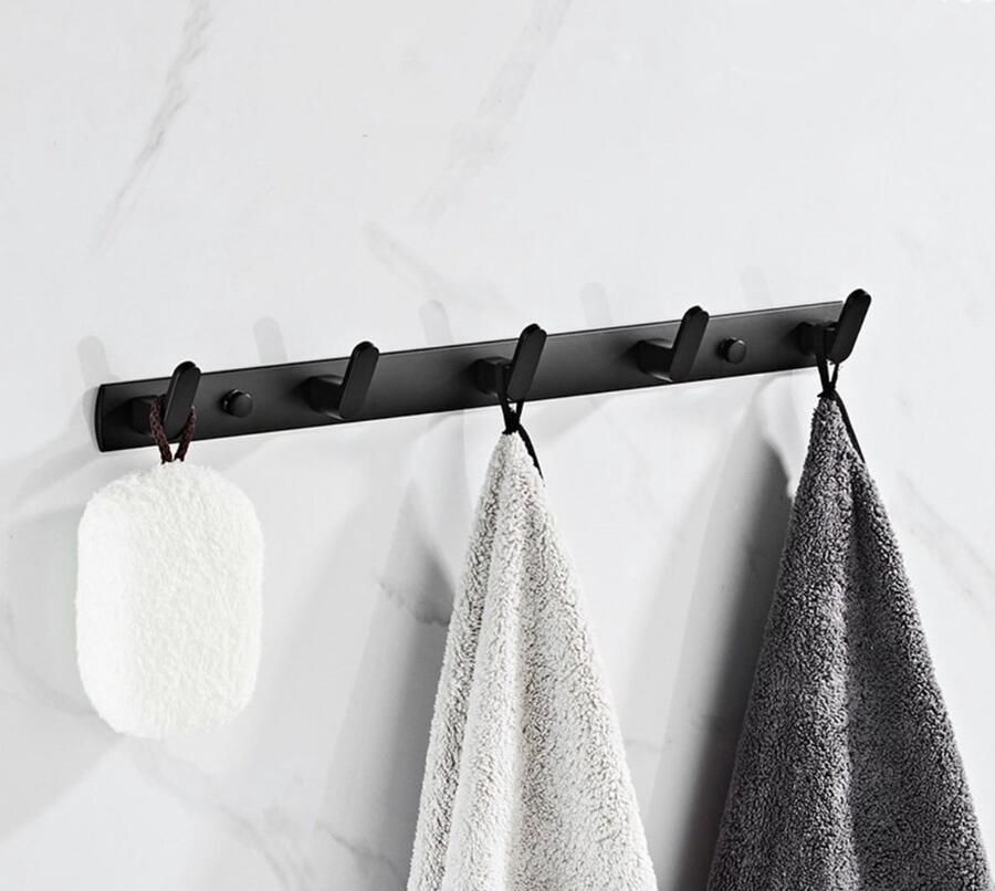 Monteona Luxe- Kapstok- 5 -haaks- Mat Zwart- Handdoek rek- Jas rek 45 cm inclusief bevestigingsmateriaal