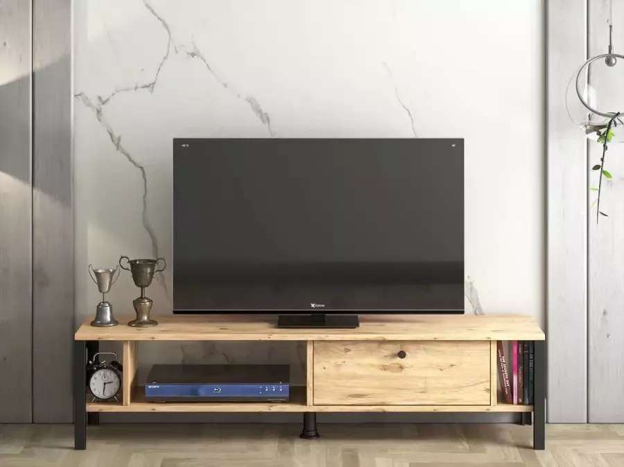 Moods Living Moodliving TV Meubel Defne Tv-kast Tv Lowboard Tv-tafel Tv Meubels Hout en Metaal Design Atlantic Pine 140x30x35 cm