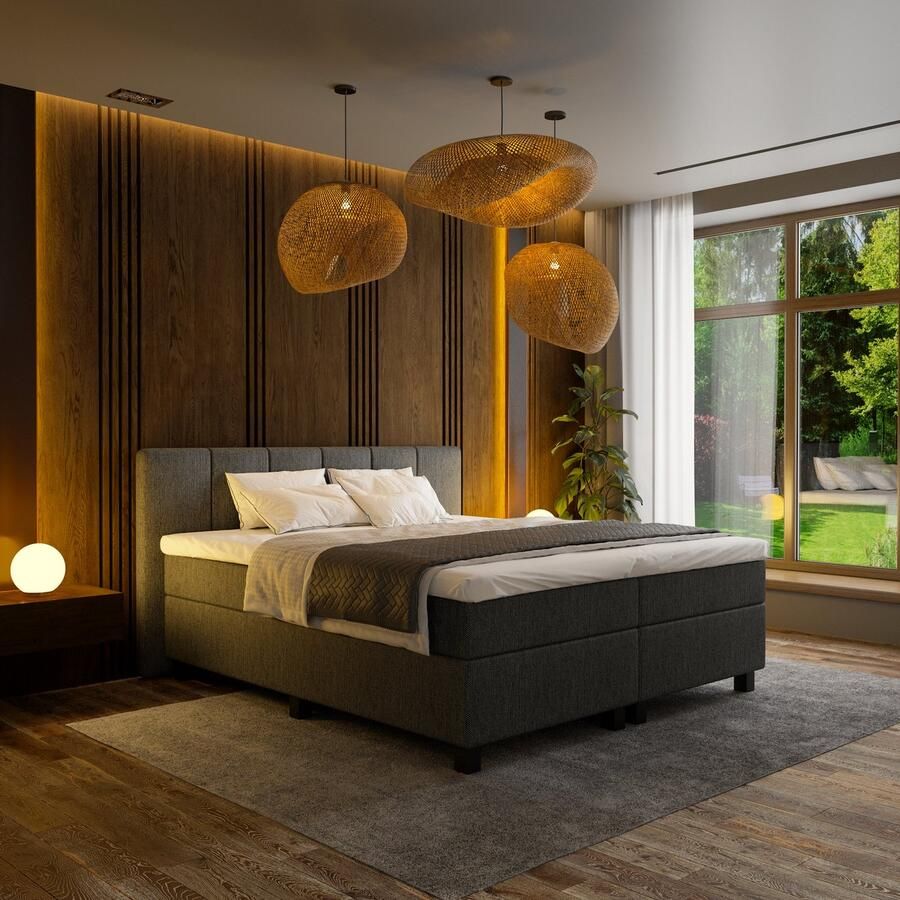 Mörgenn Boxspring Madrid Pocketvering Antraciet 180x200 cm Inclusief Dekbed en Kussens