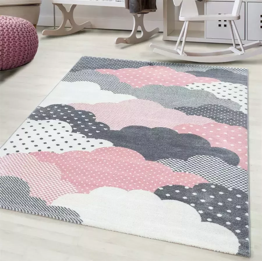 Morhane Bambi Wolken kinderkamer vloerkleed laagpolig rechthoek 120x170cm roze