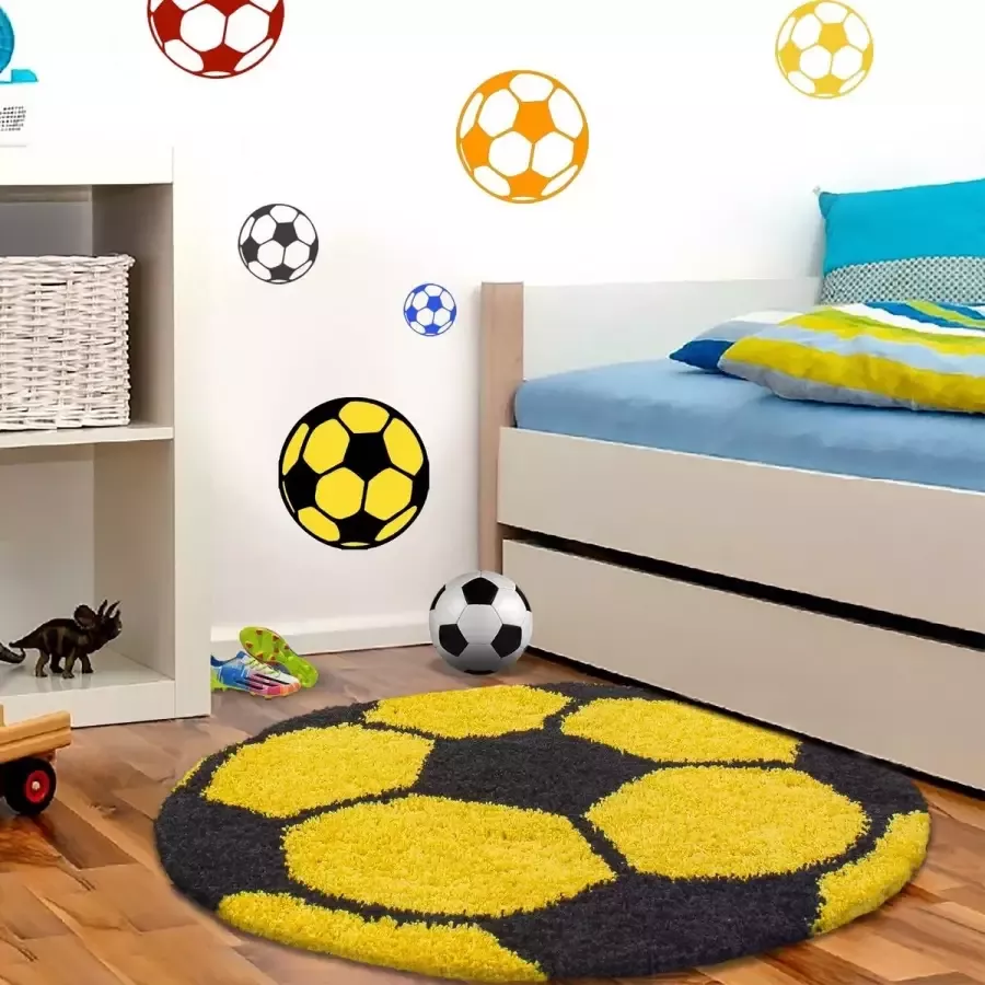 Morhane Fun Shaggy voetbal kinderkamer vloerkleed hoogpolig rond Ø 100cm geel