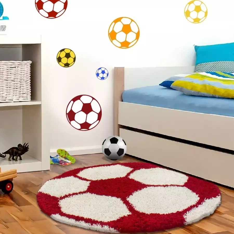 Morhane Fun Shaggy voetbal kinderkamer vloerkleed hoogpolig rond Ø 100cm rood