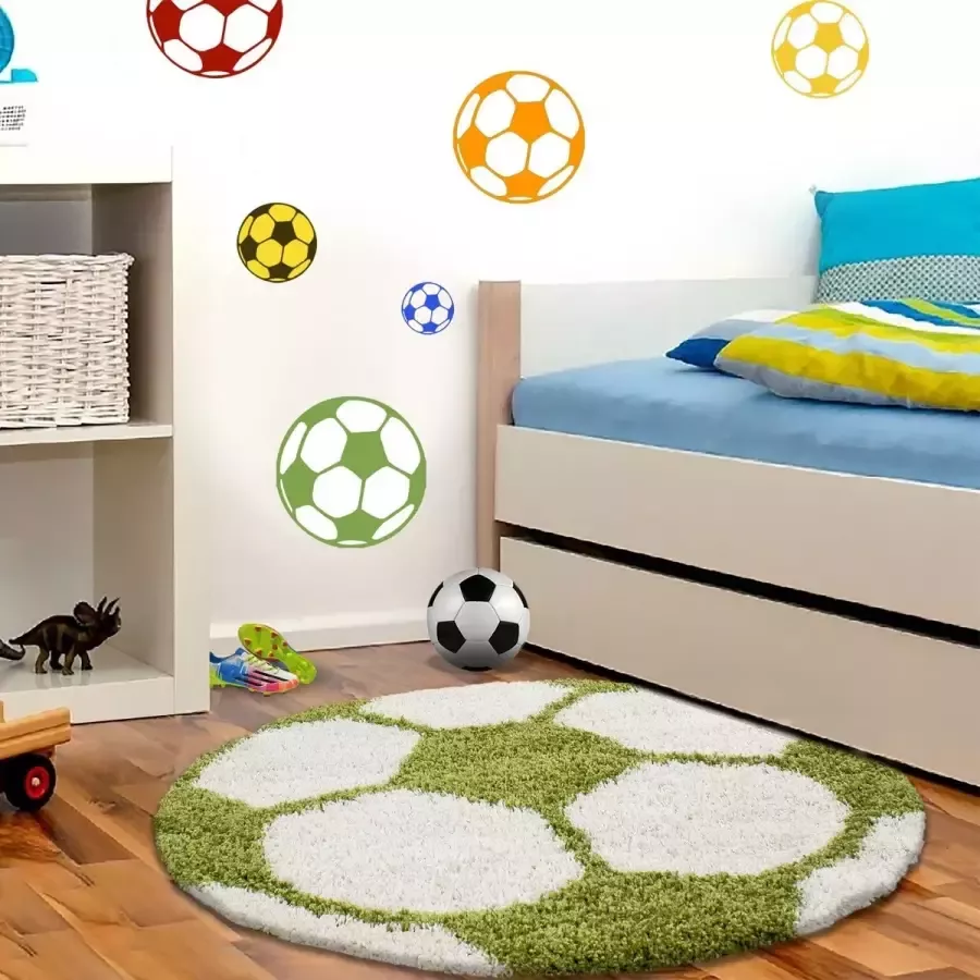 Morhane Fun Shaggy voetbal kinderkamer vloerkleed hoogpolig rond Ø 120cm groen