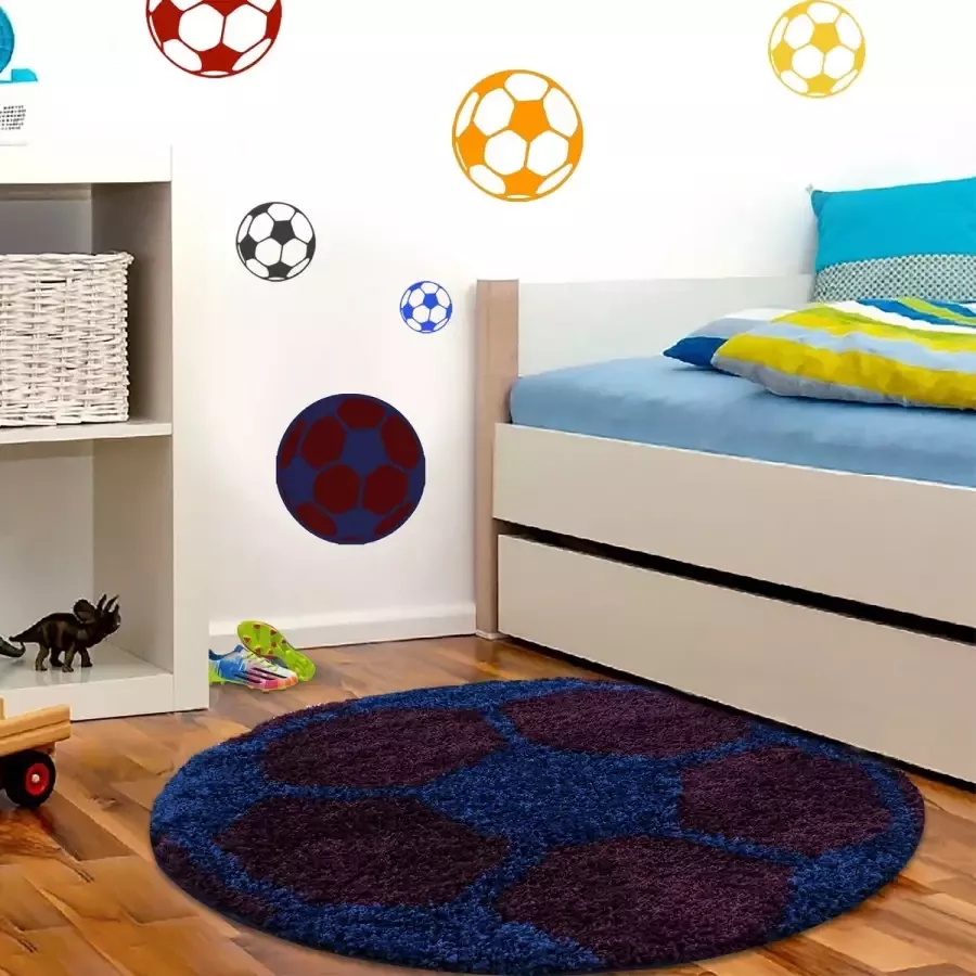 Morhane Fun Shaggy voetbal kinderkamer vloerkleed hoogpolig rond Ø 120cm navy blauw