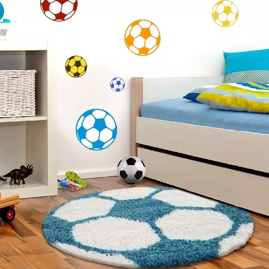 Morhane Fun Shaggy voetbal kinderkamer vloerkleed hoogpolig rond Ø 120cm turquoise