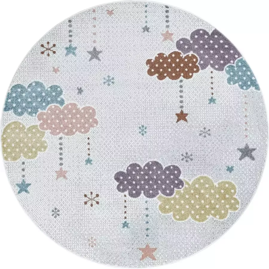 Morhane Lucky Wolken baby kinderkamer vloerkleed laagpolig rond Ø 160cm wit