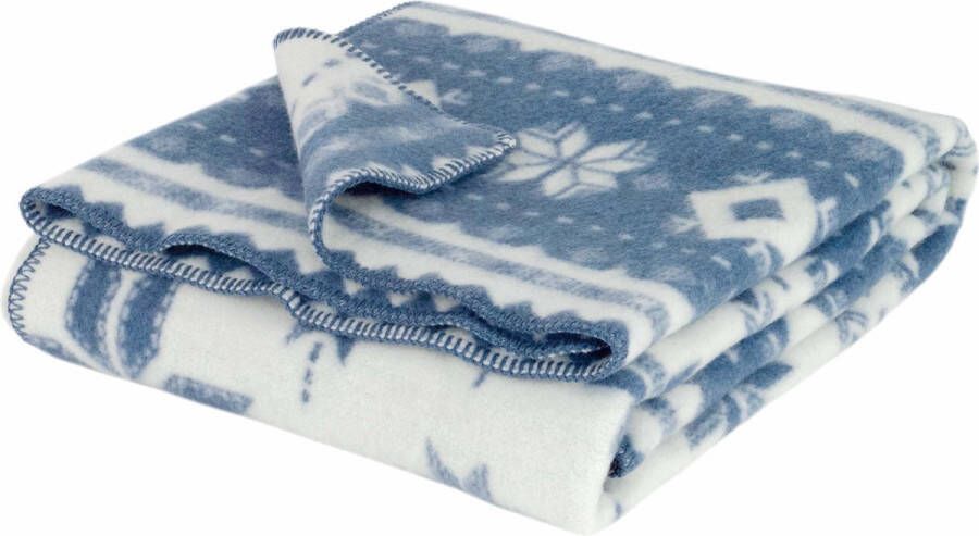 Most Wollen jacquard bed deken Nordic Merino wol 200 x 220 cm blauw-wit