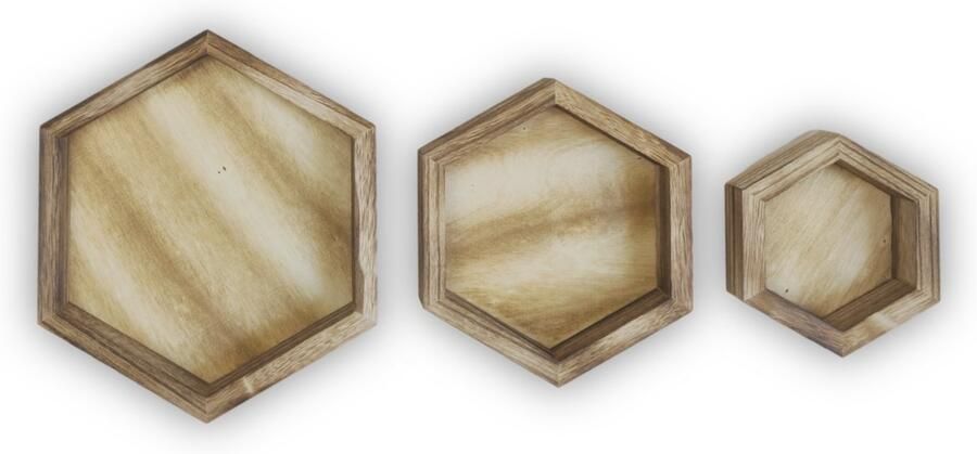 MountZ Hexagon Wandplank 3 Stuks Hout Muurdecoratie Wandrek