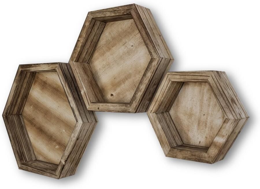 MountZ Hexagon Wandplank 3 Stuks Hout Muurdecoratie Wandrek