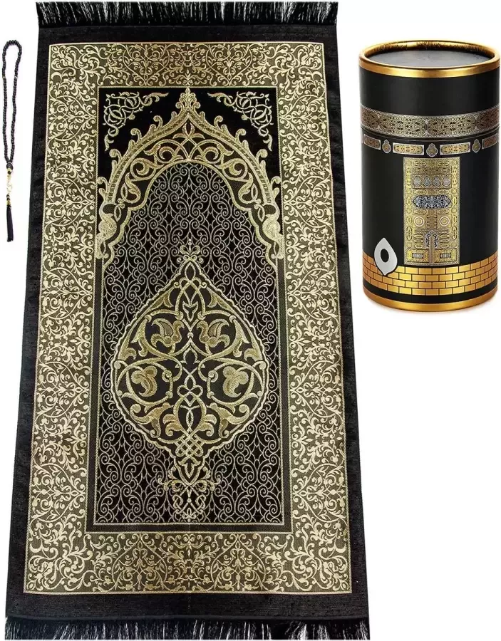 Moye Luxe Ramadan Gebedskleed met Tasbeeh Namazla Kaaba Design Moslim Gebed Tapijt & Gebed Kralen met Elegante Cilinder Gift Box Janamaz Zachte Islamitische Gebedsmat Islamitische Gift Set Zwart