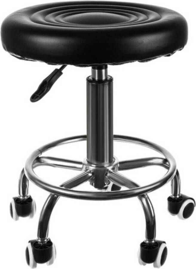 MOZY Draaikruk op Wielen Verstelbaar Zwart Ecoleer tot 150 Kilo 43 tot 54 cm Kapperskruk Rolkruk Kruk op Wielen Rolkruk Bureaustoel Kruk Bureaukruk Draaikruk