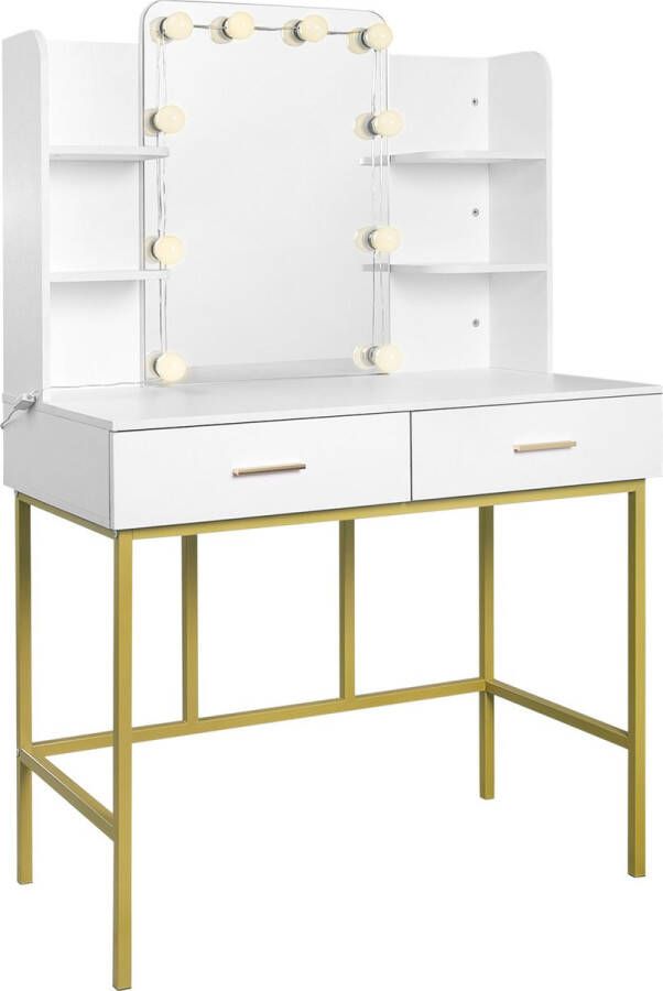 MPR Sales Wit Gouden Moderne Kaptafel Spiegel met LED Verlichting Stijlvolle Make-Up Tafel met 2 Lades Slaapkamer Luxe